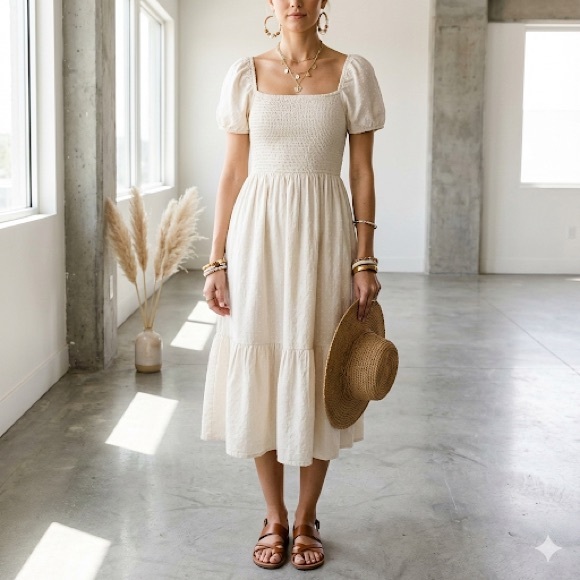 GAP Dresses & Skirts - Gap cream cotton linen off-the-shoulder short sleeve midi peasant dress - Small